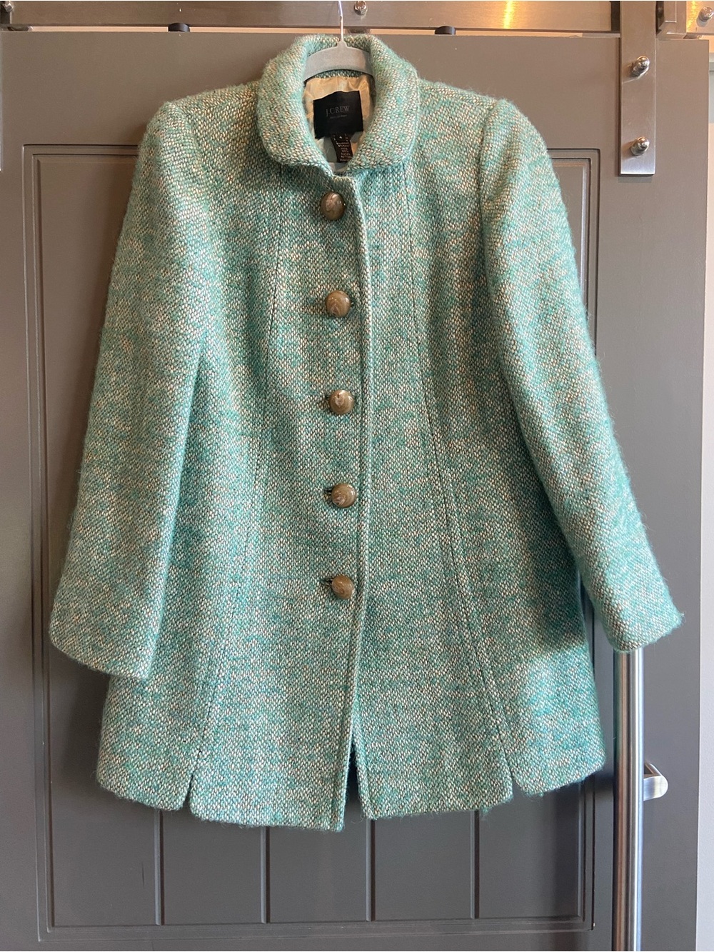 J. Crew Mint Green Tweed Button-Front Pea Coat
